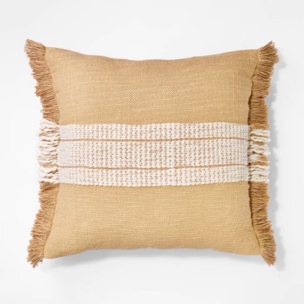 Woven Striped Square Throw Pillow Neutral/Cream: Fringed Trim Studio McGee